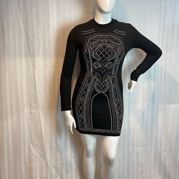 Say What? Rhinestone Embellished Beaded black Bodycon Dress Size L RefI60 - Picture 5 of 9